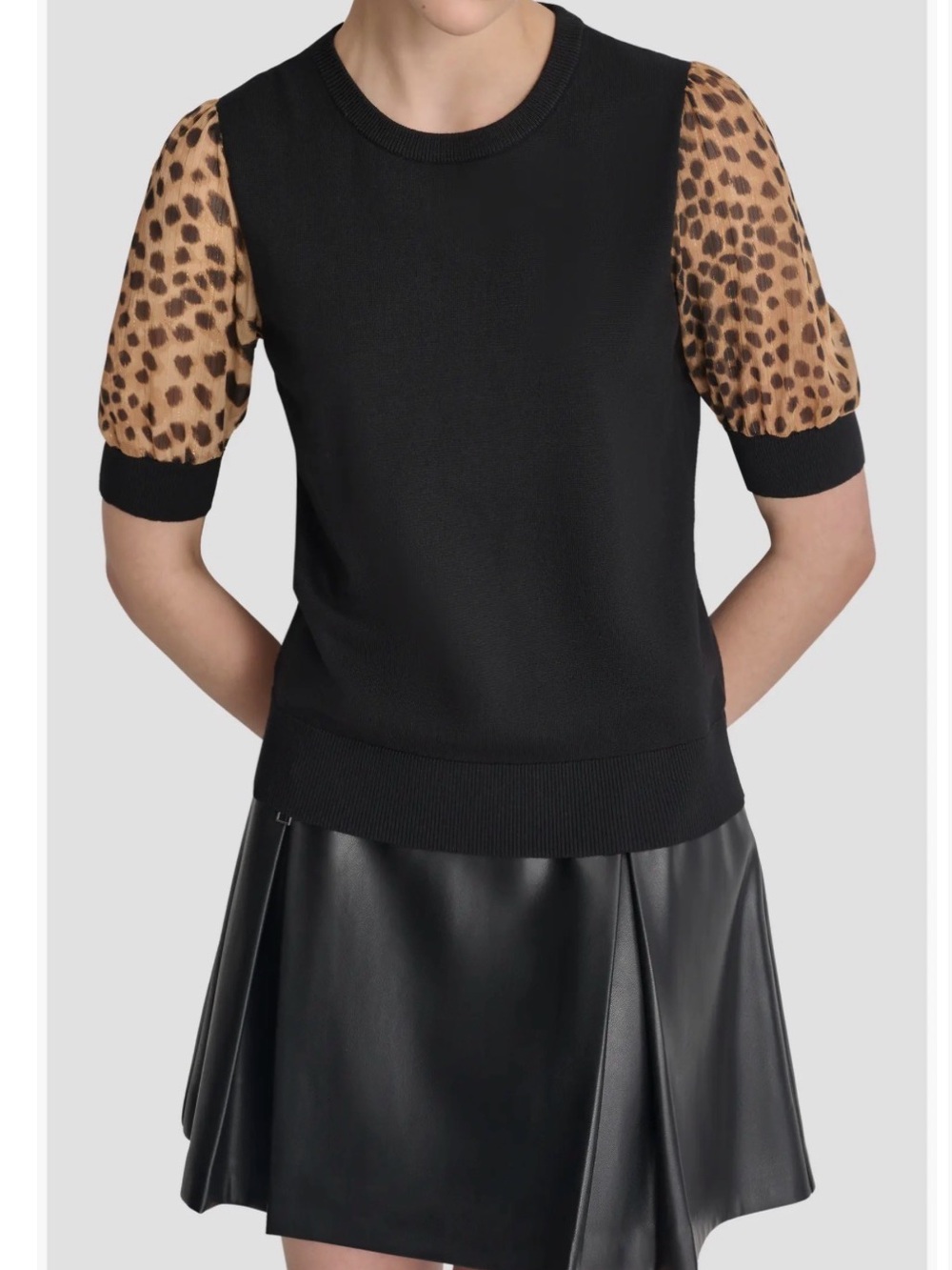 DKNY NWT Leopard Puff Sleeve Knit Sweater Black Size L MSRP $69